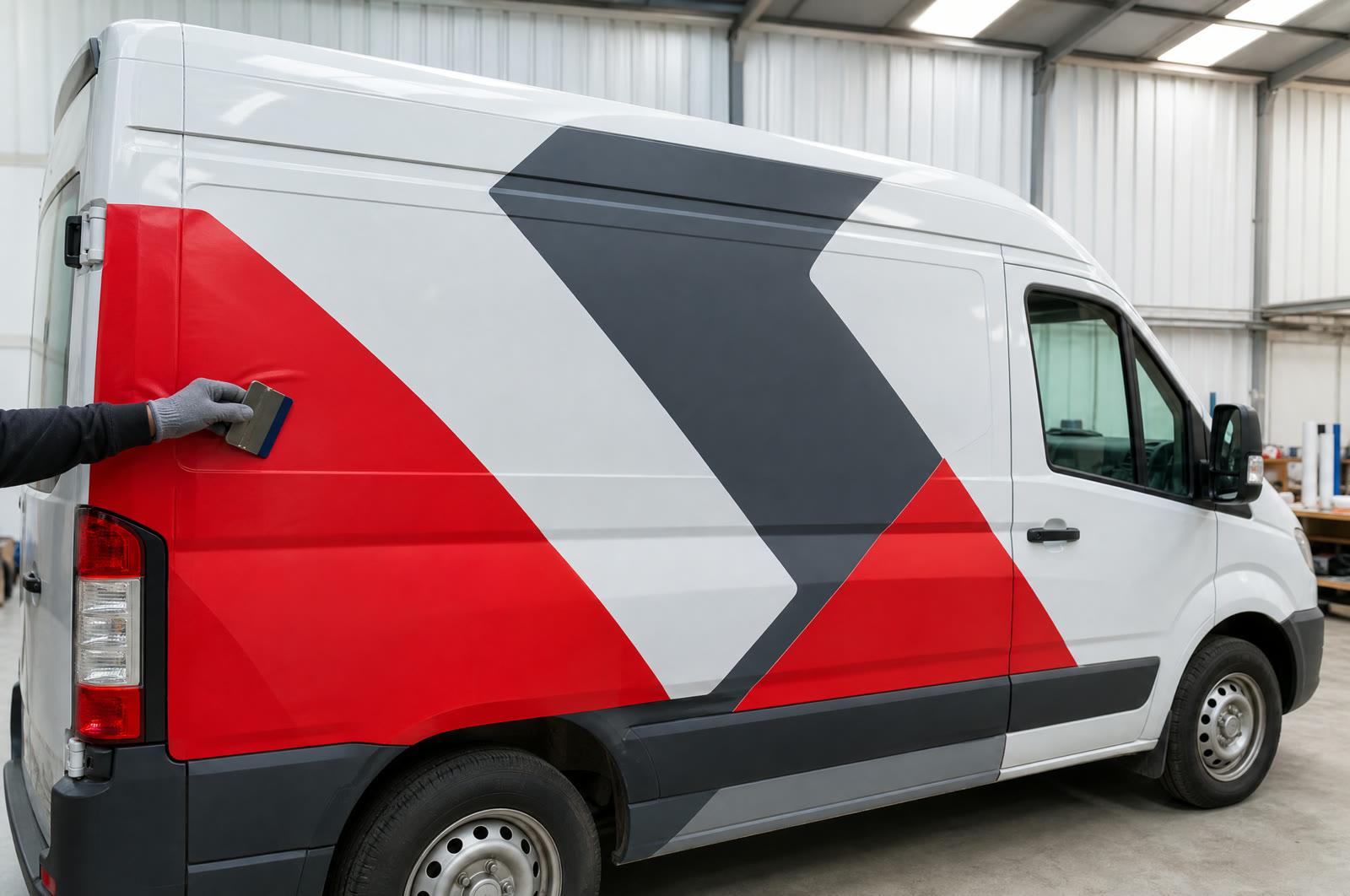 Weißer Transporter mit frisch verlegter Beschriftung in Rot und Grau