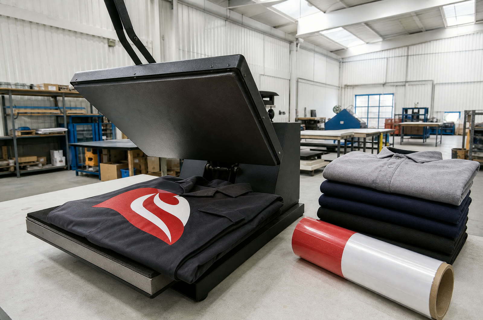 Transferpresse mit einer bedruckten Arbeitsjacke
